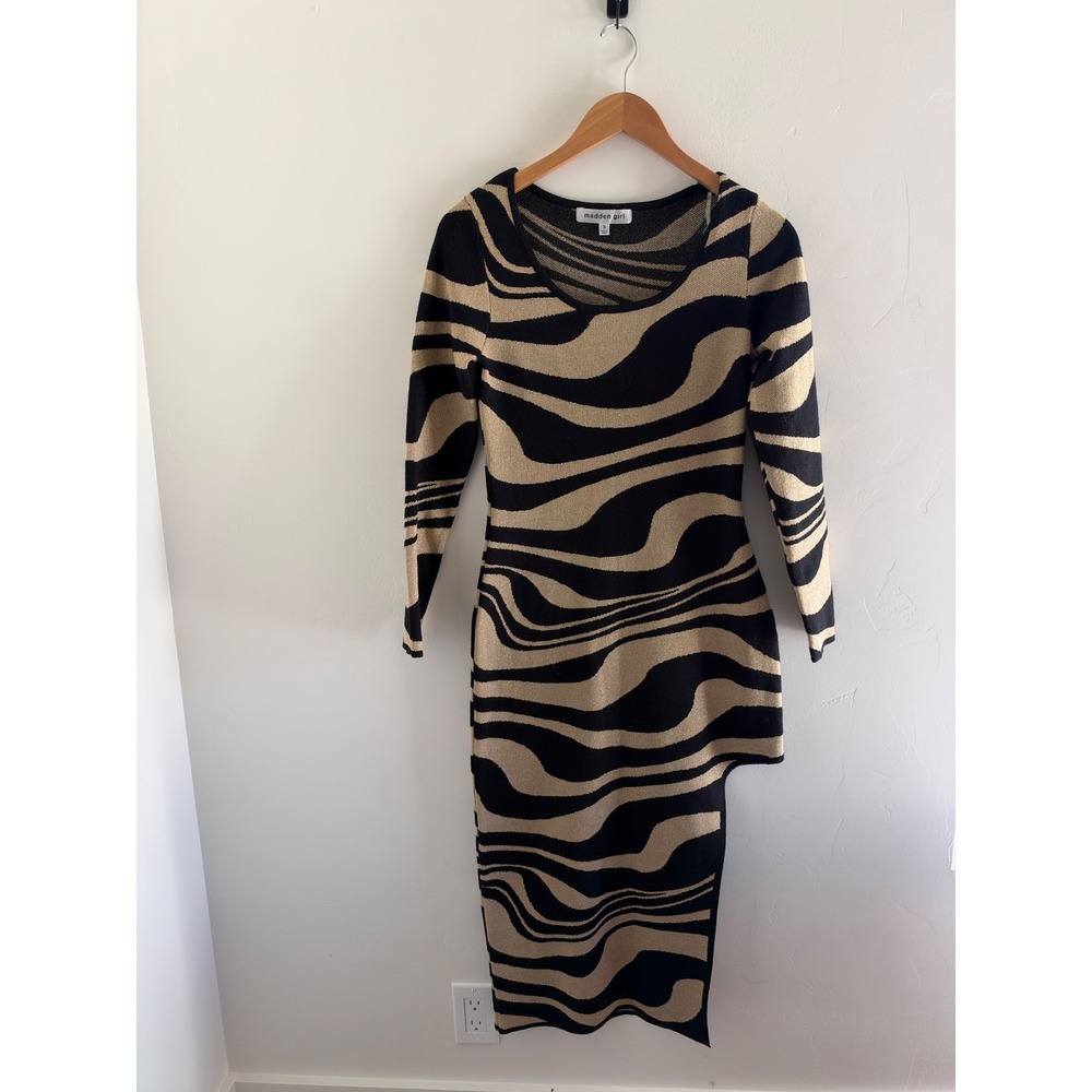 Madden Girl Tan Black Swirl Zebra Asymmetrical Hem Long Sleeve Knit Midi Dress S